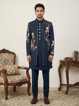 Jompers - Navy Blue Embroidered Cotton Blend Indo-Western Sherwani with Kurta and Pant