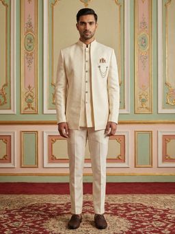 Jompers - Cream Textured Cotton Blend Indo-Western Sherwani with Kurta and Pant