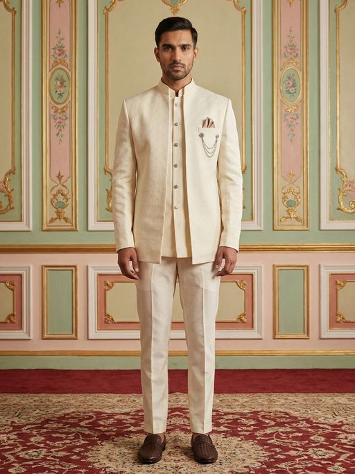 Jompers Cream Textured Cotton Blend Indo-Western Sherwani with Kurta and Pant