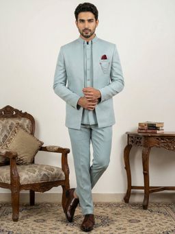Jompers - Blue Embroidered Cotton Blend Indo-Western Sherwani with Inner Jacket and Pant