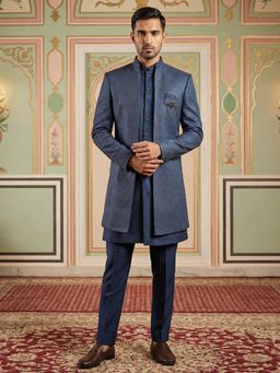 Jompers - Navy Blue Woven Cotton Blend Indo-Western Sherwani with Inner Jacket and Pant