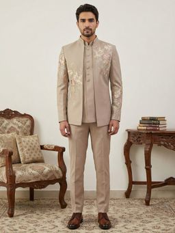 Jompers - Beige Embroidered Cotton Blend Indo-Western Sherwani with Inner Jacket and Pant