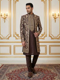 Jompers - Brown Embroidered Cotton Blend Indo-Western Sherwani with Kurta and Pant