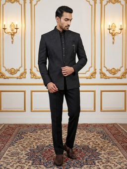 Jompers - Black Embroidered Cotton Blend Indo-Western Sherwani with Kurta and Pant