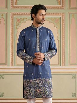Jompers - Navy Blue Silk Blend Embroidered Kurta