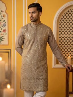 Jompers - Brown Embroidered Silk Blend Kurta For Men