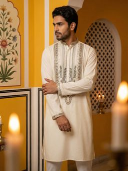 Jompers - Cream Cotton Blend Ethnic Embroidered Kurta