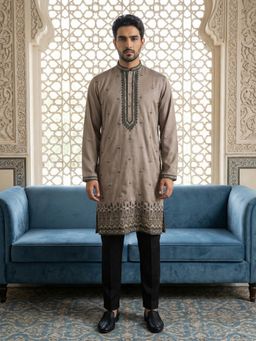 Jompers - Beige Embroidered Silk Blend Kurta with Pyjama