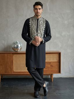 Jompers - Black Ethnic Cotton Blend Embroidered Kurta with Pyjama