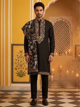 Jompers - Black Embroidered Cotton Blend Kurta with Pyjama and Dupatta