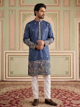 Jompers - Navy Blue Silk Blend Embroidered Kurta with Pyjama
