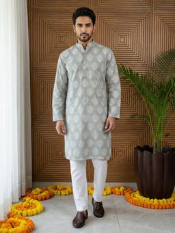 Jompers - Grey Cotton Blend Ethnic Printed Kurta with Pyjama