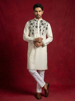 Jompers - Cream Cotton Blend Embroidered Kurta with Pyjama