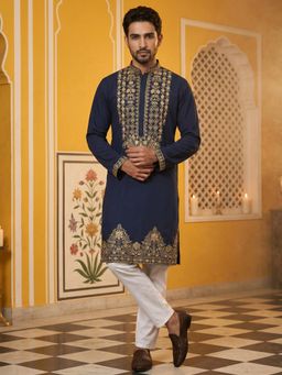 Jompers - Navy Blue Embroidered Kurta with Pyjama