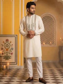 Jompers - Cream Cotton Blend Ethnic Embroidered Kurta with Pyjama
