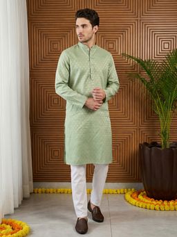 Jompers - Green Woven Design Cotton Jacquard Kurta with Pyjama