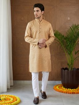 Jompers - Orange Woven Design Cotton Jacquard Kurta with Pyjama