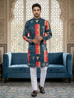 Jompers - Navy Blue Geometric Printed Kurta with Pyjama