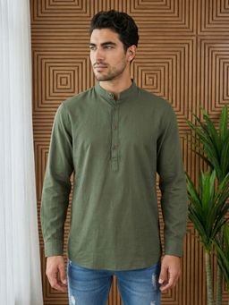 Jompers - Olive Solid Pure Cotton Short Kurta