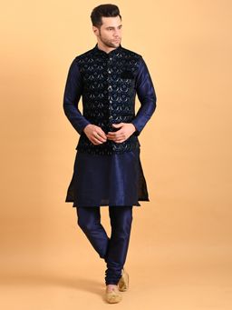 Uri and MacKenzie - Navy Blue Embroidered Kurta with Pyjama and Nehru Jacket