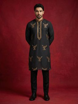 Jompers - Black Silk Blend Golden Eagle Embroidery Kurta with Pyjama