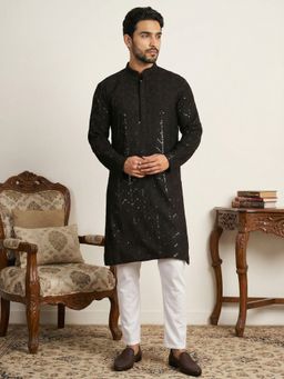 Jompers - Black Embroidered Sequined Viscose Straight Kurta with Pyjama
