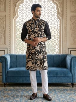 Jompers - Black Embroidered Straight Kurta with Pyjama