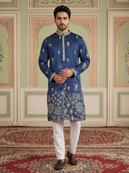 Jompers - Navy Blue Floral Embroidered and Sequins Kurta with Pyjama