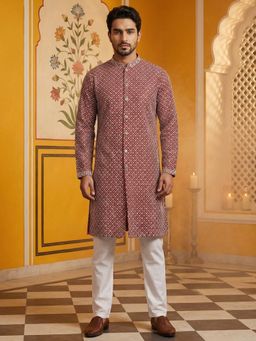 Jompers - Maroon Sequin Chikankari Front Open Kurta with Pyjama