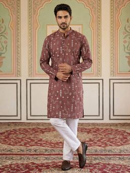 Jompers - Brown Embroidered Silk Blend Straight Kurta with Pyjama