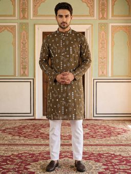 Jompers - Mehendi Green Embroidered Silk Blend Straight Kurta with Pyjama