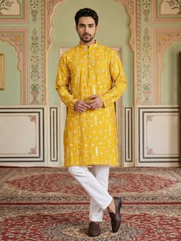 Jompers - Mustard Embroidered Silk Blend Straight Kurta with Pyjama