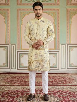Jompers - Yellow Floral Embroidered Straight Kurta with Pyjama