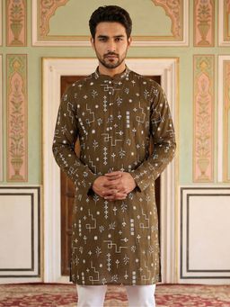 Jompers - Green Embroidered Silk Blend Straight Kurta