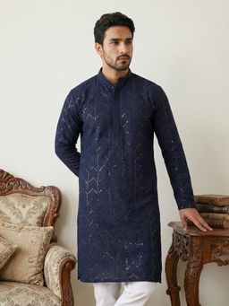 Jompers - Blue Sequined Viscose Straight Kurta