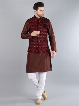 Uri and MacKenzie - Maroon Embroidered Kurta with Pyjama and Nehru Jacket