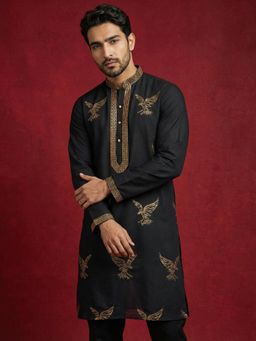 Jompers - Black Silk Blend Golden Eagle Embroidery Kurta