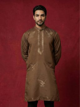 Jompers - Brown Silk Blend Golden Eagle Embroidery Kurta