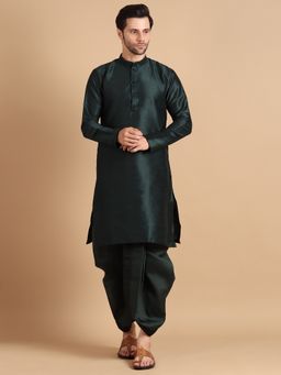 Uri and MacKenzie - Bottle Green Mandarin Collar Kurta with Dhoti