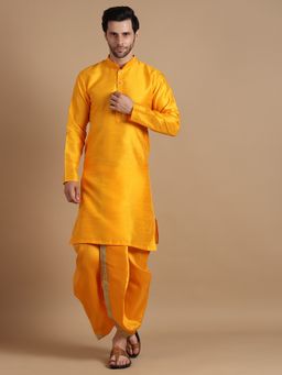 Uri and MacKenzie - Mustard Yellow Mandarin Collar Kurta with Dhoti