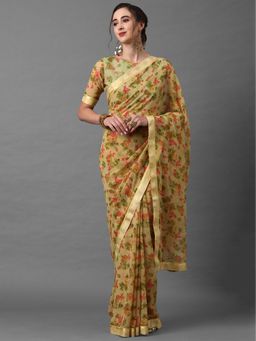 Akhilam - Cream Casual Georgette Printed Saree with Unstitched