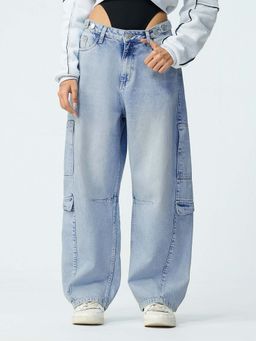 The Souled Store - Barrel-Fit Denim Arctic Women Cargo Jeans