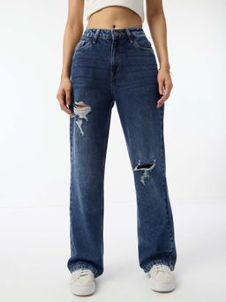 The Souled Store - Distressed Denim Mid-Blue Women Straight Fit Jeans