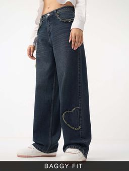 The Souled Store - Baggy-Fit Denim Frayed Heart Women Wide Leg Jeans