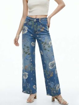 Outzidr - Blue Floral Print Denim Jeans