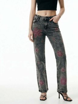 Outzidr - Grey Floral Studded Denim Jeans