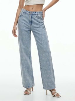 Outzidr - Light Blue Heart Printed Washed Out Denim Jeans