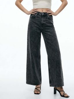 Outzidr - Dark grey Mid Waist Wide Leg Jeans