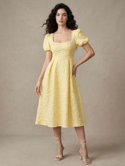 Outzidr - Yellow Puff Sleeve Textured Dress
