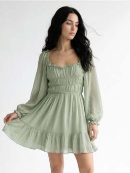 Outzidr - Green Full Sleeve Ruffle Hem Dress